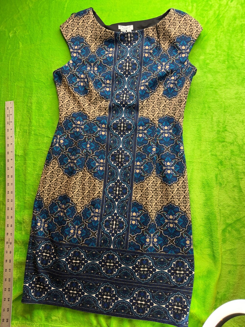 Maggy L Blue Tan Paisley Print Sheath Dress Sleeveless Sz 12